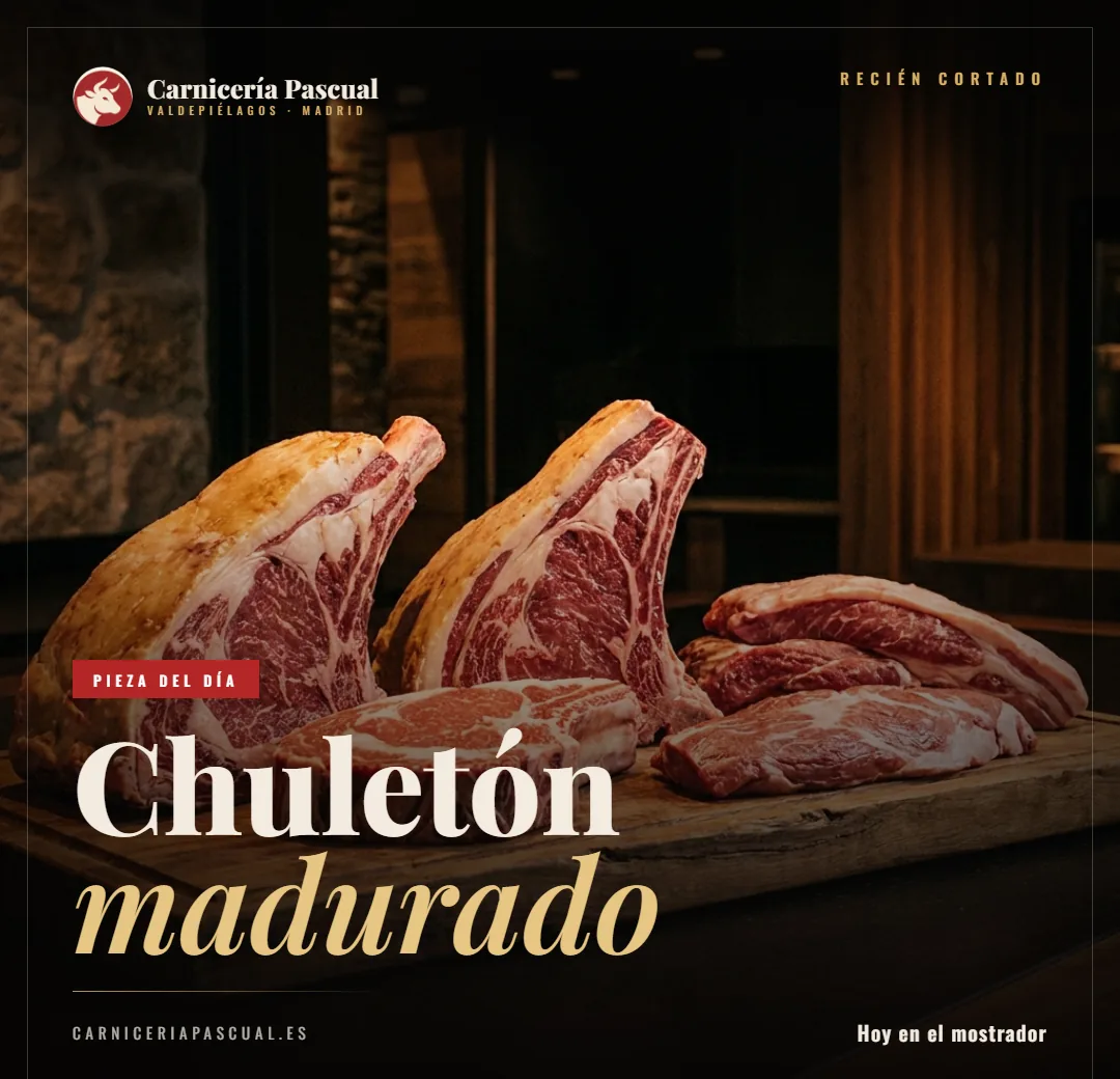 Pieza para redes de Carnicería Pascual: chuletón madurado, pieza del día, hoy en el mostrador