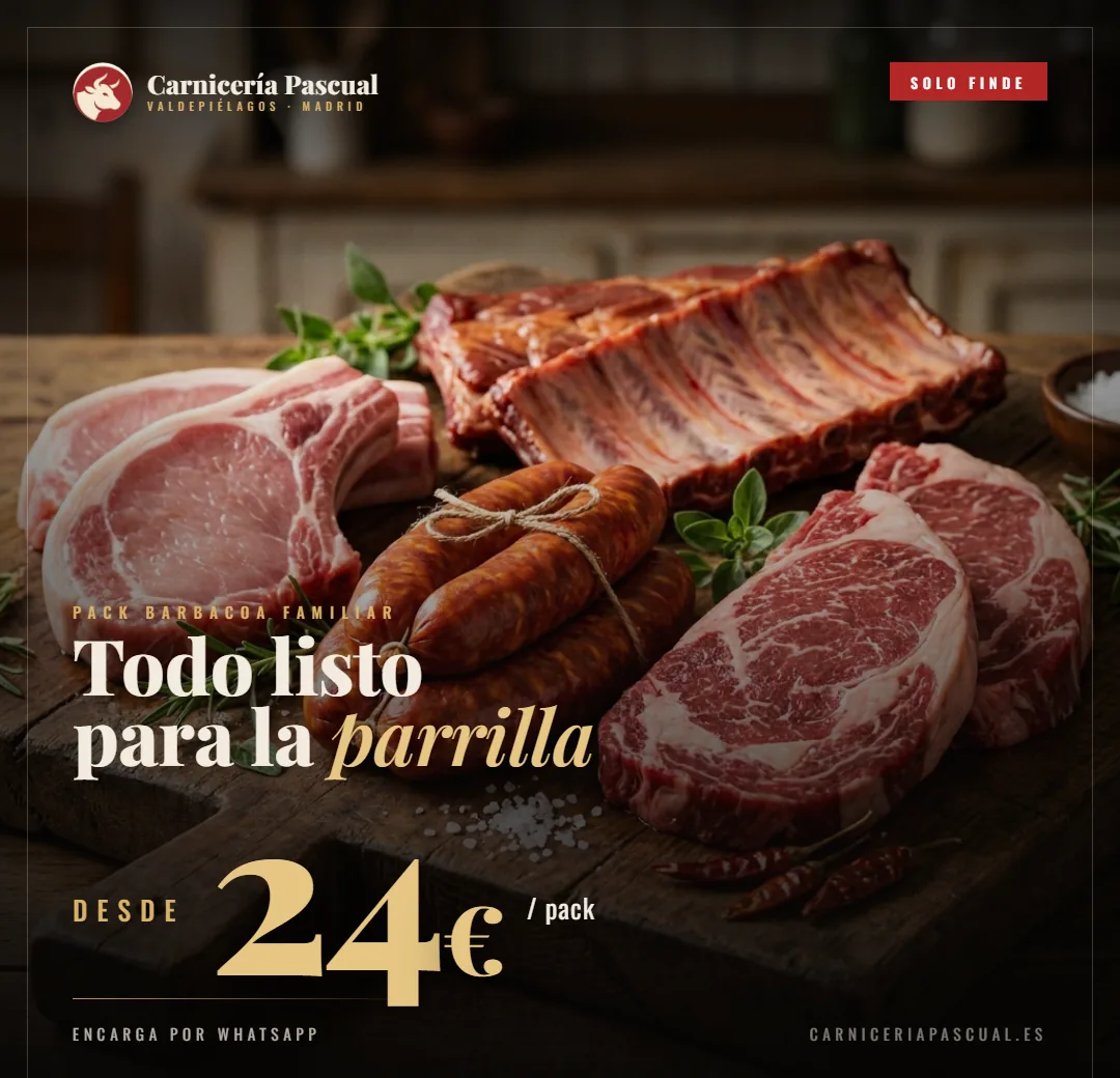 Oferta de fin de semana de Carnicería Pascual: pack barbacoa familiar desde 24 euros, se encarga por WhatsApp