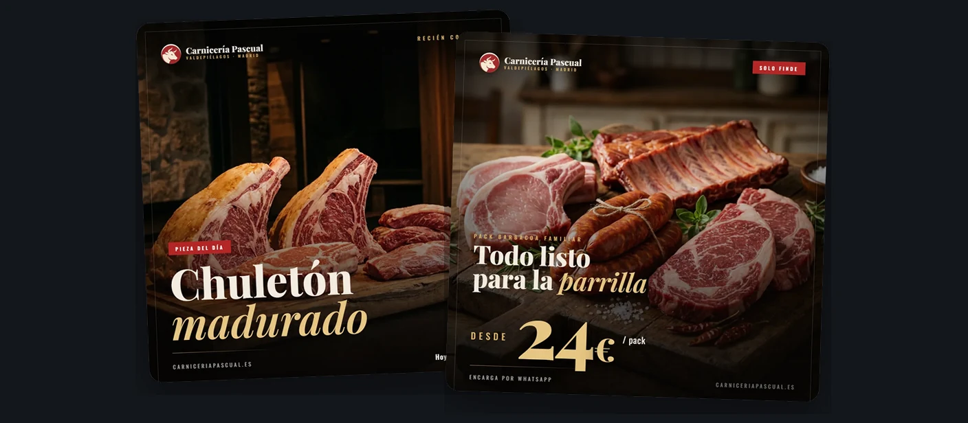 Dos piezas de redes sociales de una carnicería real: chuletón madurado y pack barbacoa del fin de semana