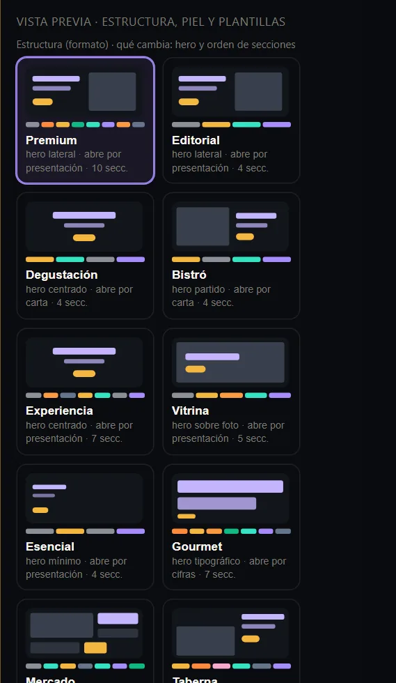 Estudio Web: selector de estructuras y pieles de diseño