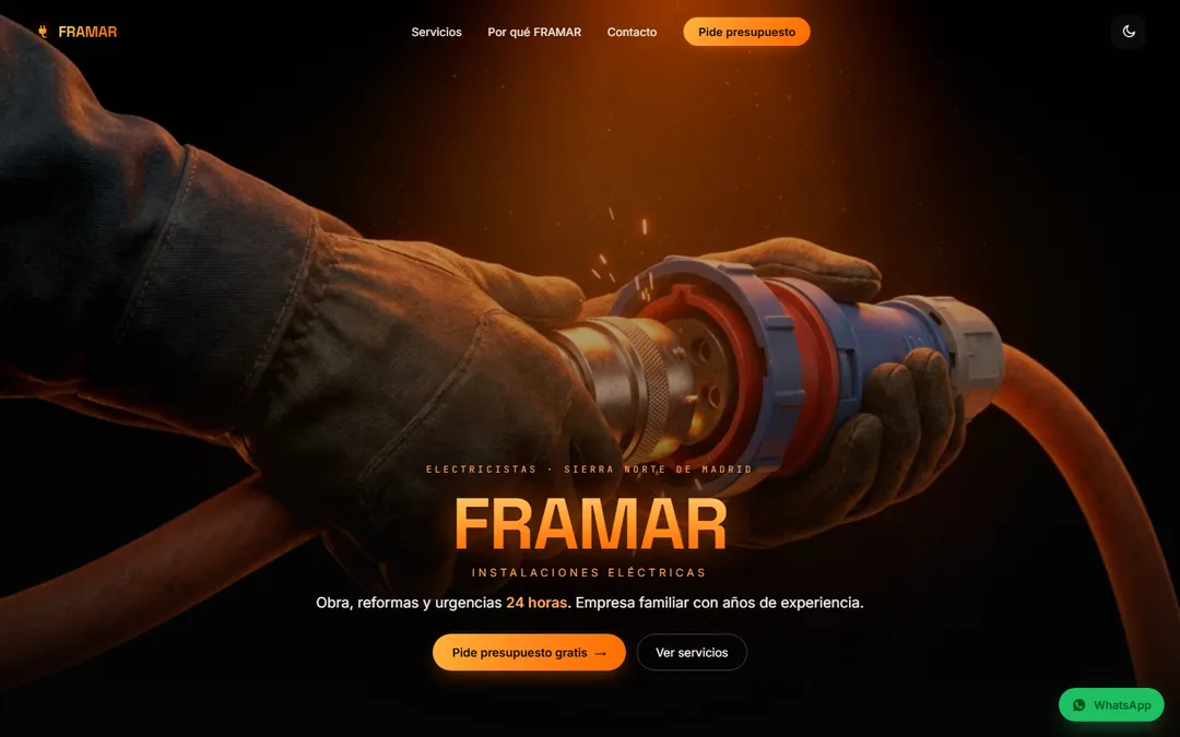 Web de Framar Instalaciones Eléctricas: manos con guantes trabajando un conector industrial y titular Framar