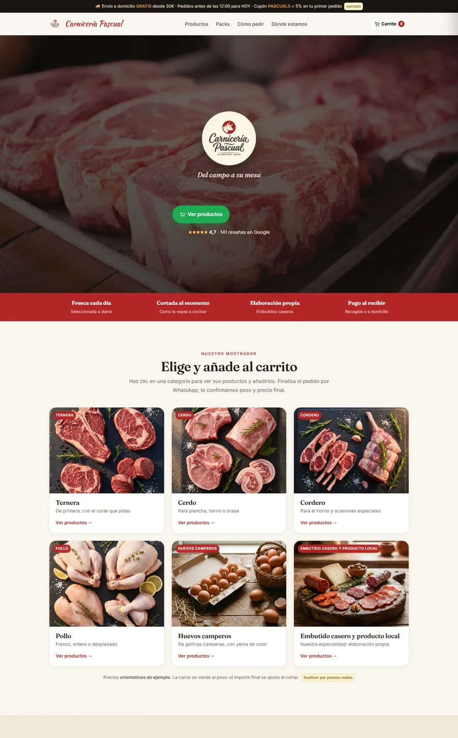 Web de Carnicería Pascual: portada con su logo sobre carne fresca y carta de productos con precios que se piden por WhatsApp
