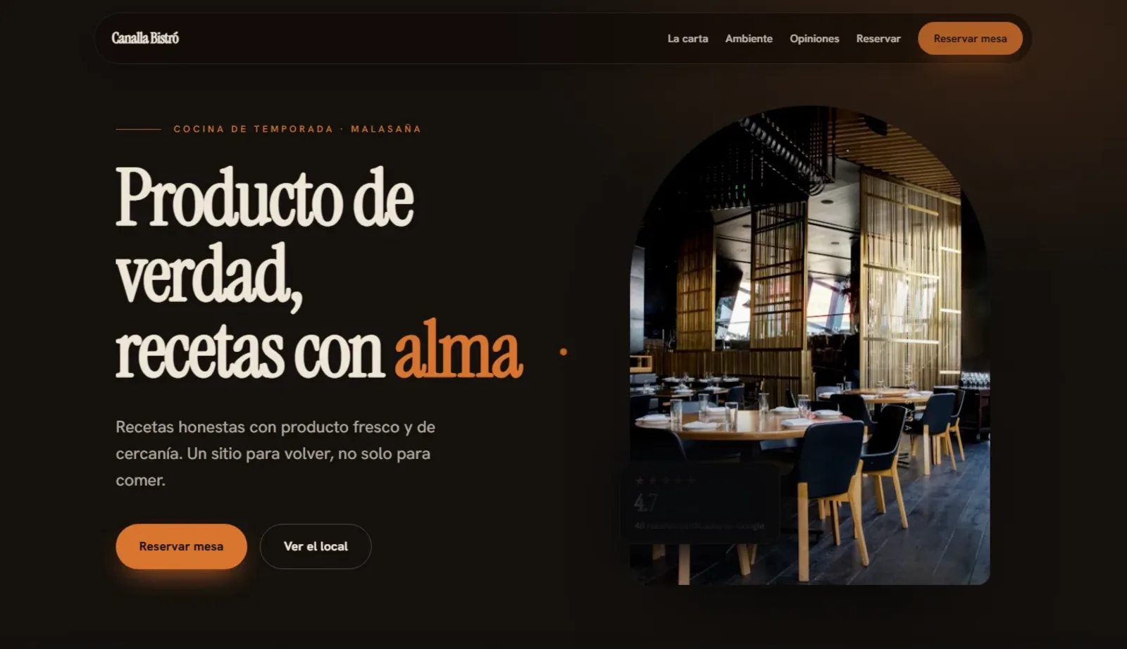 Web de restaurante: cocina de temporada, oscura y editorial